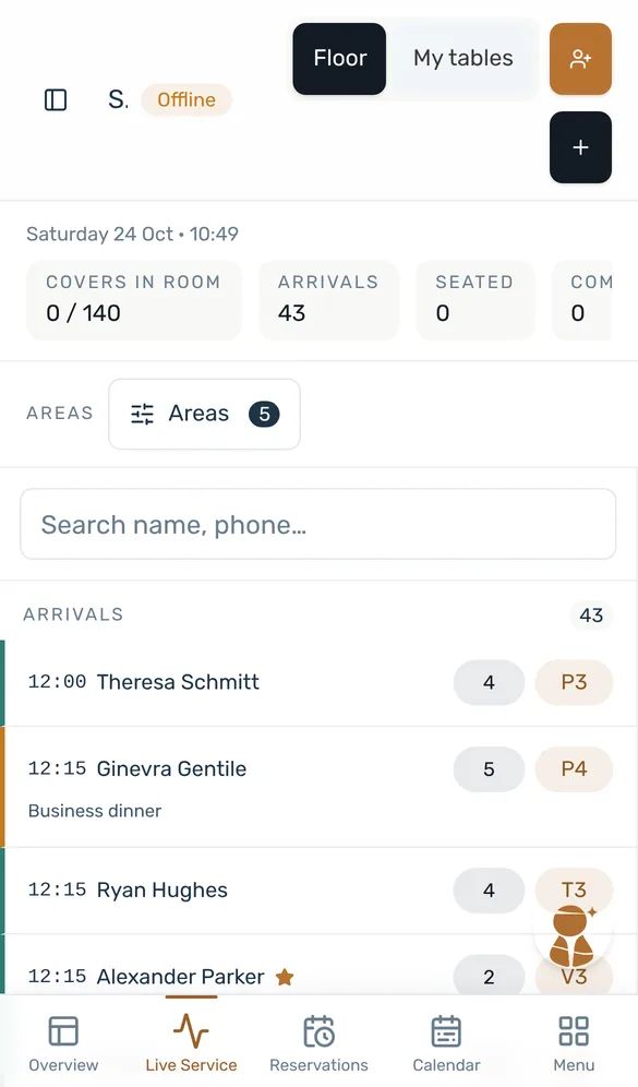 Host: Tonight's arrivals with party size and table, tap to seat.