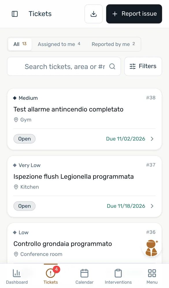 Technician: Open tickets, filtered to mine, with the due date on each.