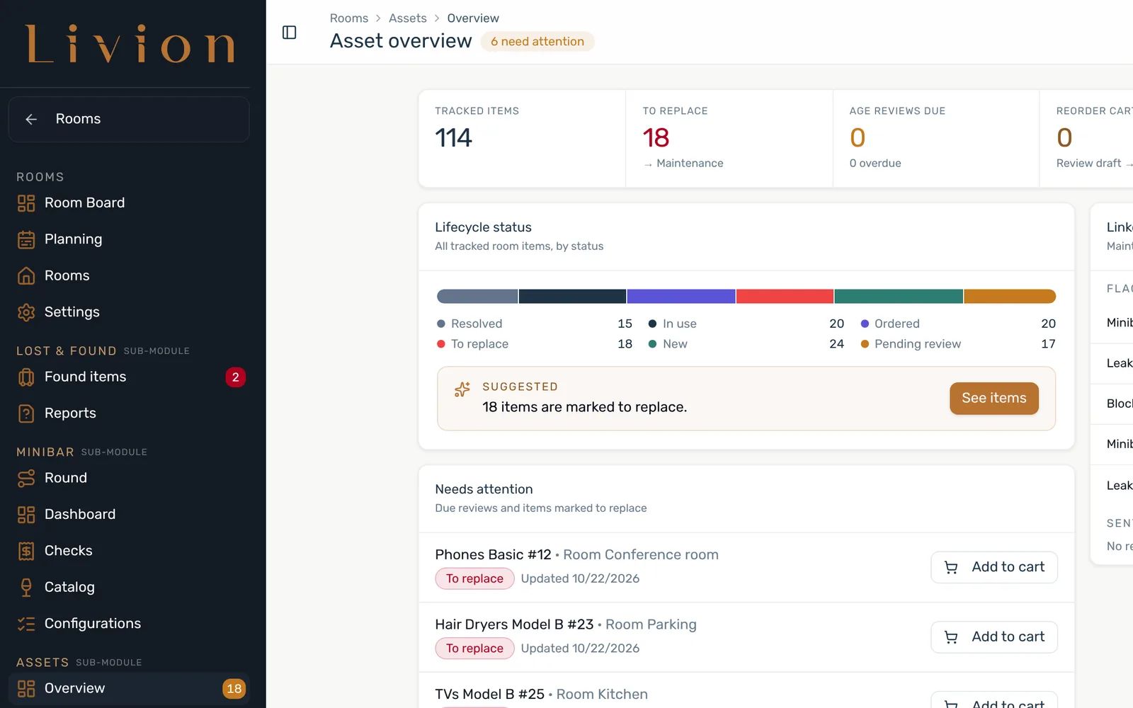 Livion Rooms: asset overview with 114 tracked room items, 18 marked to replace, and the maintenance tickets linked to them